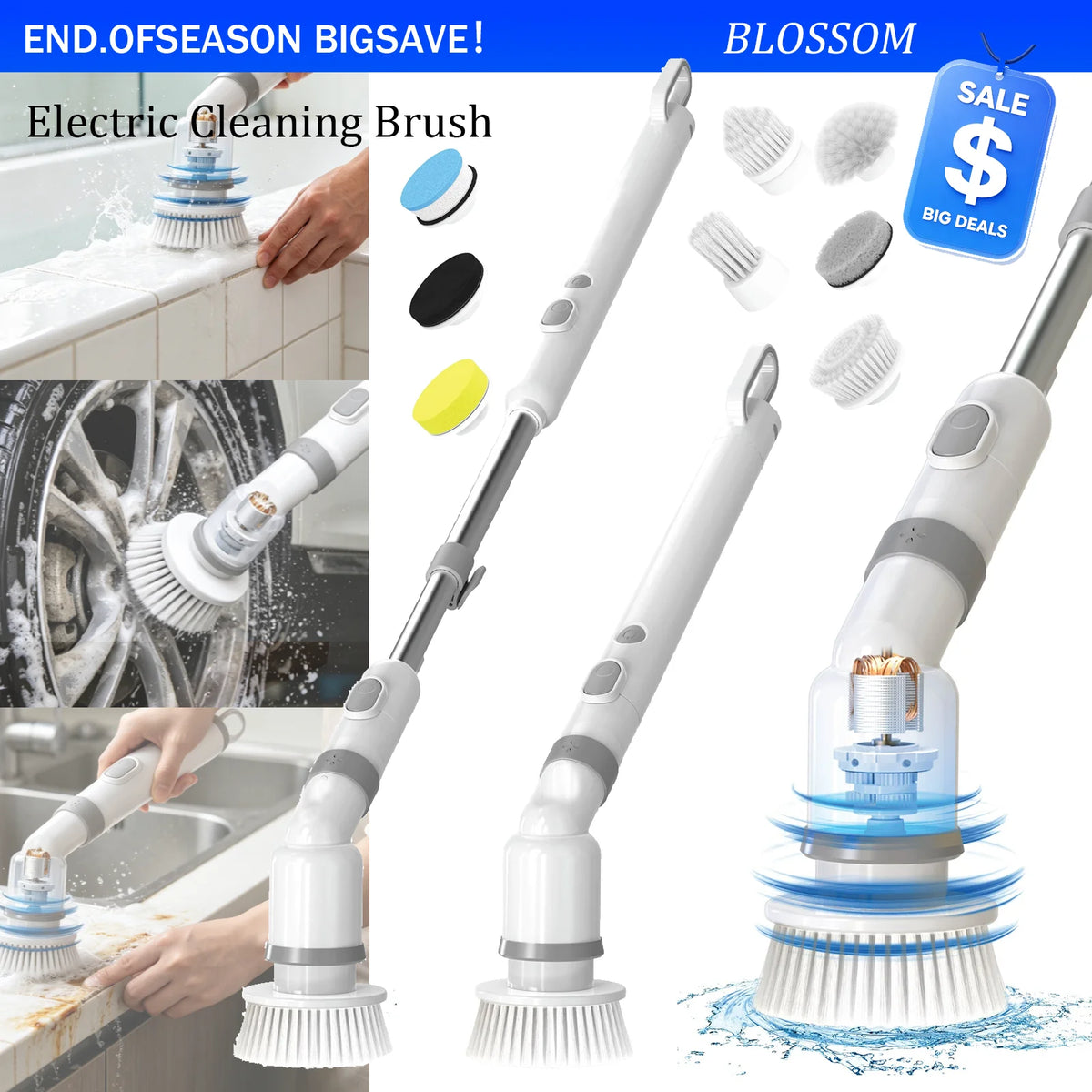 Cordless electric spin scrubber with 9 brush heads, 2 speeds, adjustable handle, and waterproof design.