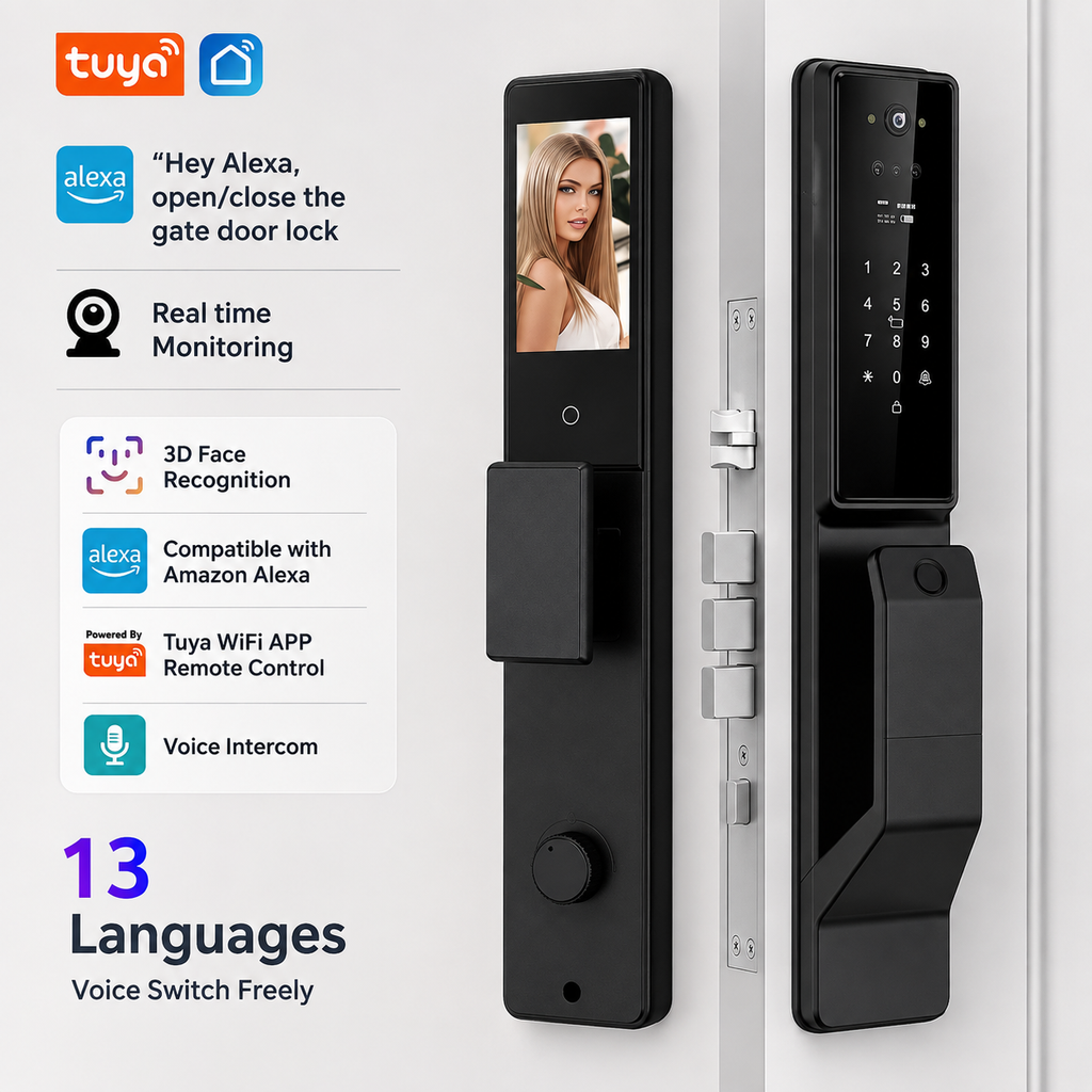 Smart Door Lock with 3D Face Recognition – Alexa Voice Control, Tuya App & Built-In Camera
