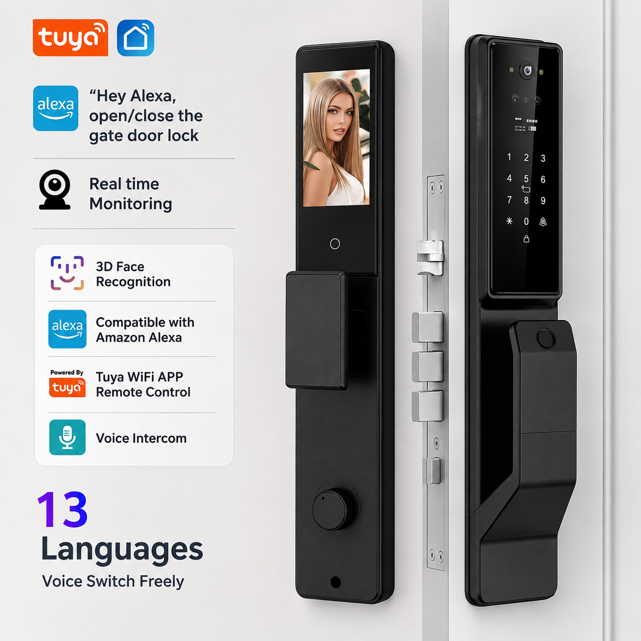 Smart Door Lock with 3D Face Recognition – Alexa Voice Control, Tuya App & Built-In Camera