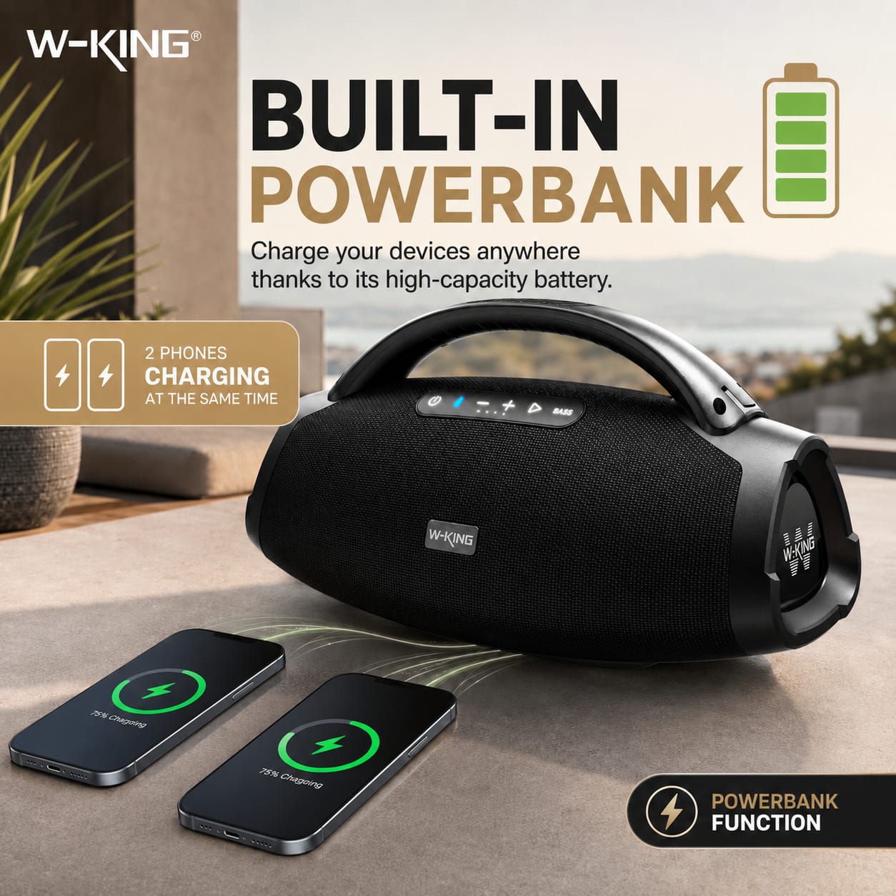 W-KING X20 200W RMS Portable Bluetooth Speaker – Potente altavoz Bluetooth portátil de 200W RMS con graves profundos, sonido de alta potencia y resistencia al agua IPX7. Ideal para fiestas, exteriores y cualquier ocasión.