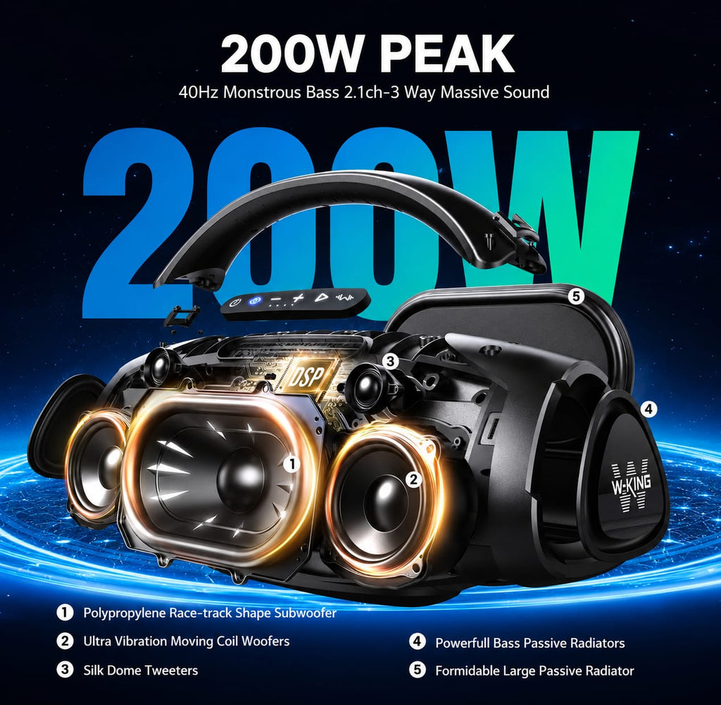 W-KING X20 200W RMS Portable Bluetooth Speaker – Potente altavoz Bluetooth portátil de 200W RMS con graves profundos, sonido de alta potencia y resistencia al agua IPX7. Ideal para fiestas, exteriores y cualquier ocasión.
