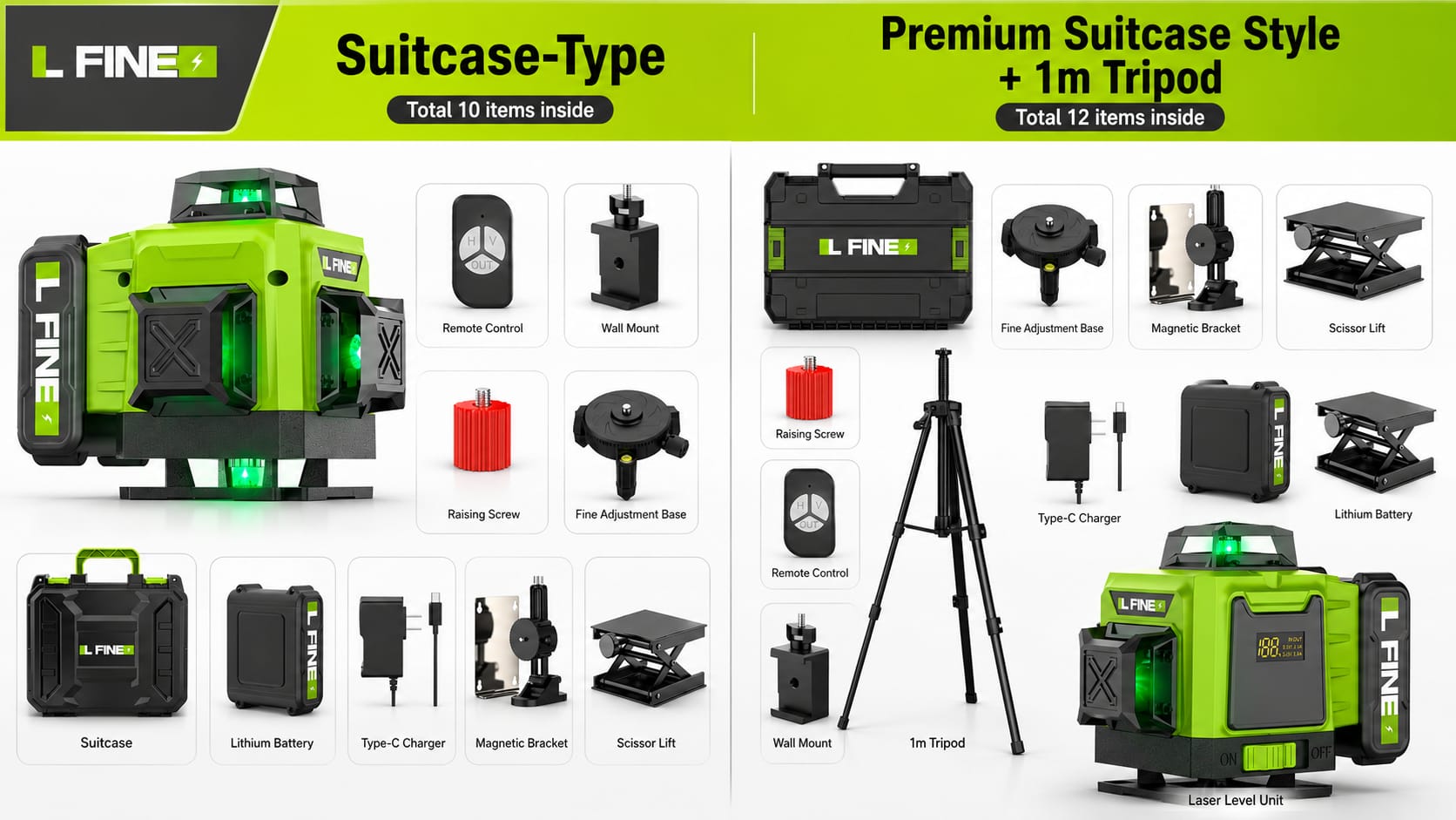 Achieve perfect precision with this 4D Green Laser Level featuring 360° self-leveling lines and a sturdy tripod. Ideal for hanging shelves, installing tiles, renovations, and DIY projects.