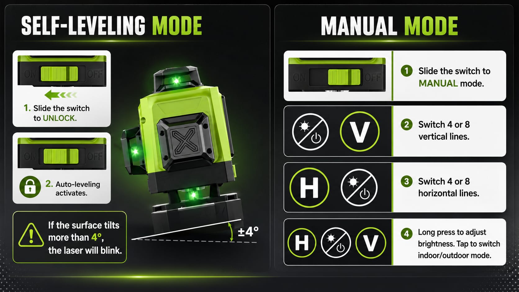 Achieve perfect precision with this 4D Green Laser Level featuring 360° self-leveling lines and a sturdy tripod. Ideal for hanging shelves, installing tiles, renovations, and DIY projects.