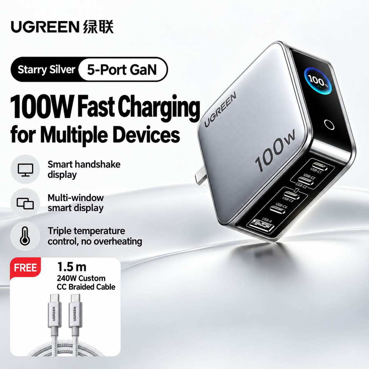 Powerful UGREEN 160W GaN fast charger with PD3.1 and smart display, ideal for phones, tablets, and laptops.
