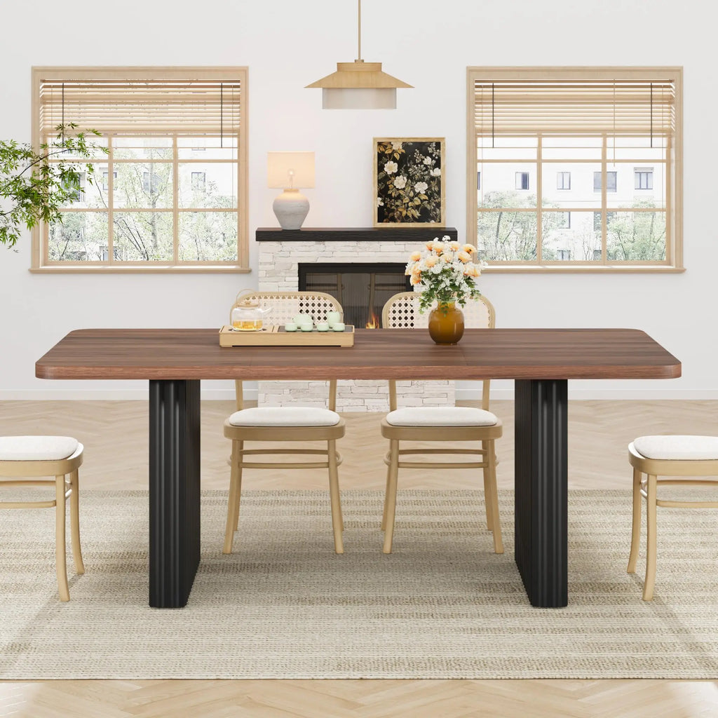 71" Modern Wooden Dining Table with Fluted Metal Legs
A stunning blend of rustic and industrial design. This spacious farmhouse table comfortably seats up to 8 people, making it the perfect centerpiece for your dining room or workspace.