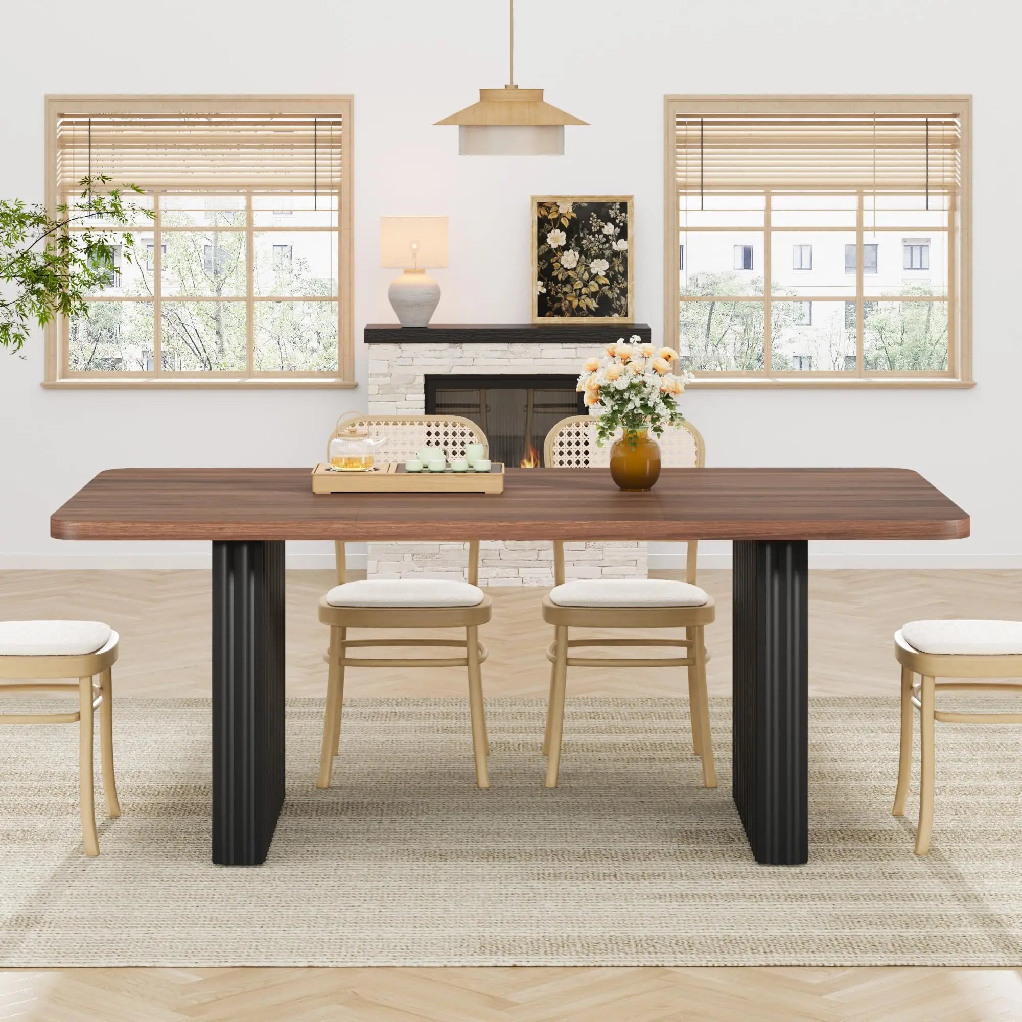 71" Modern Wooden Dining Table with Fluted Metal Legs
A stunning blend of rustic and industrial design. This spacious farmhouse table comfortably seats up to 8 people, making it the perfect centerpiece for your dining room or workspace.