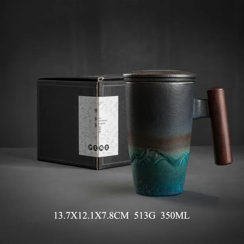Luxury Retro Ceramic Tea Mug – Large Capacity Cup with Filter, Lid & Wooden Handle, Gift Box