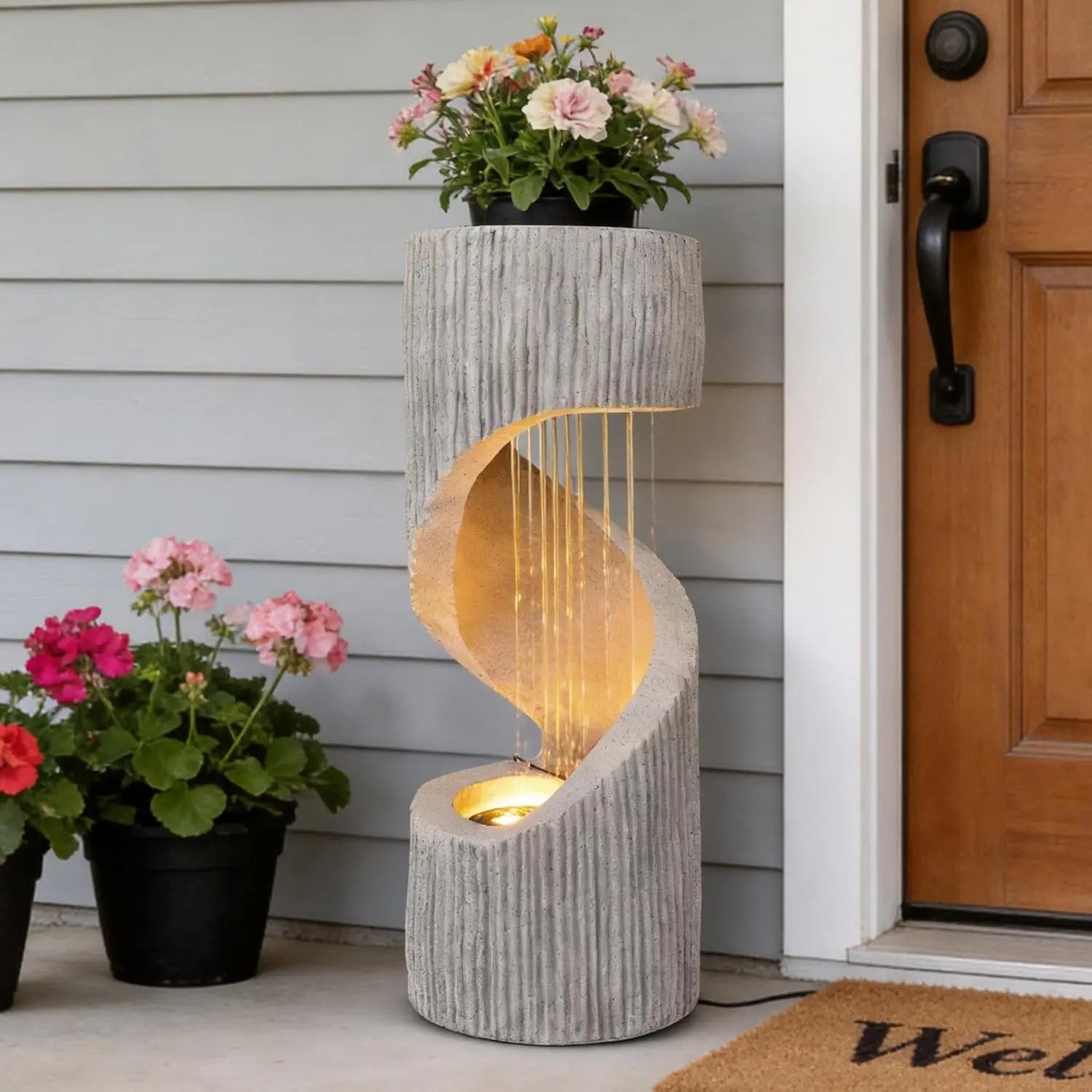 40" Modern S-Shaped Outdoor Fountain – Spiral Waterfall with LED Light & Plant Display Top