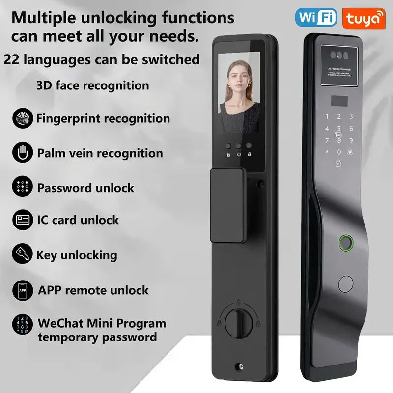 Fully Automatic 8-in-1 Smart Door Lock
Seamless keyless entry designed for everyone. Features 8 secure unlocking methods and global support with 22 languages in one sleek, modern security system.