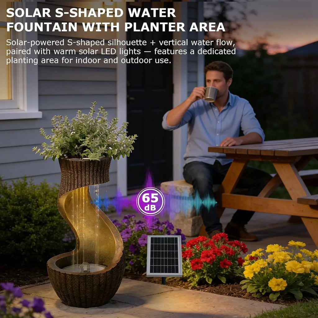 26.77" Solar Outdoor Water Fountain – Modern Waterfall with LED Lights & Planter Bowl