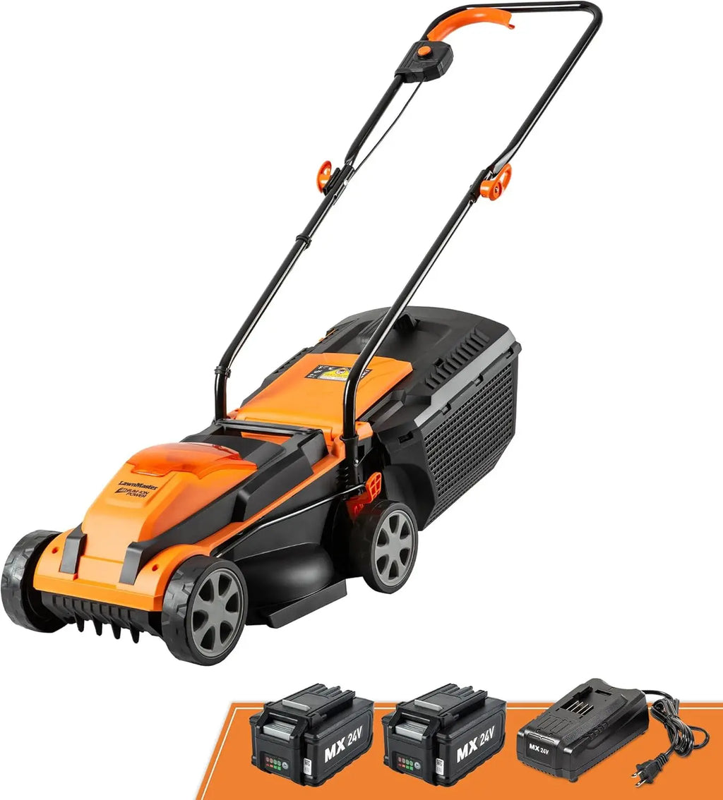 Cordless 24V Max Lawn Mower with a 13-inch cutting deck, perfect for small lawns. Includes 2×4.0Ah batteries and charger for powerful, hassle-free mowing.