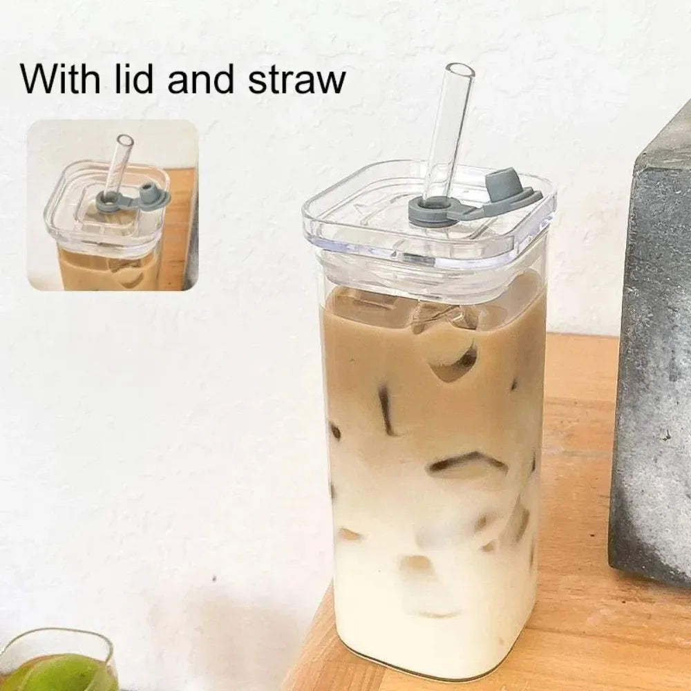Square Glass Coffee Cup with Lid & Straw – Heat Resistant