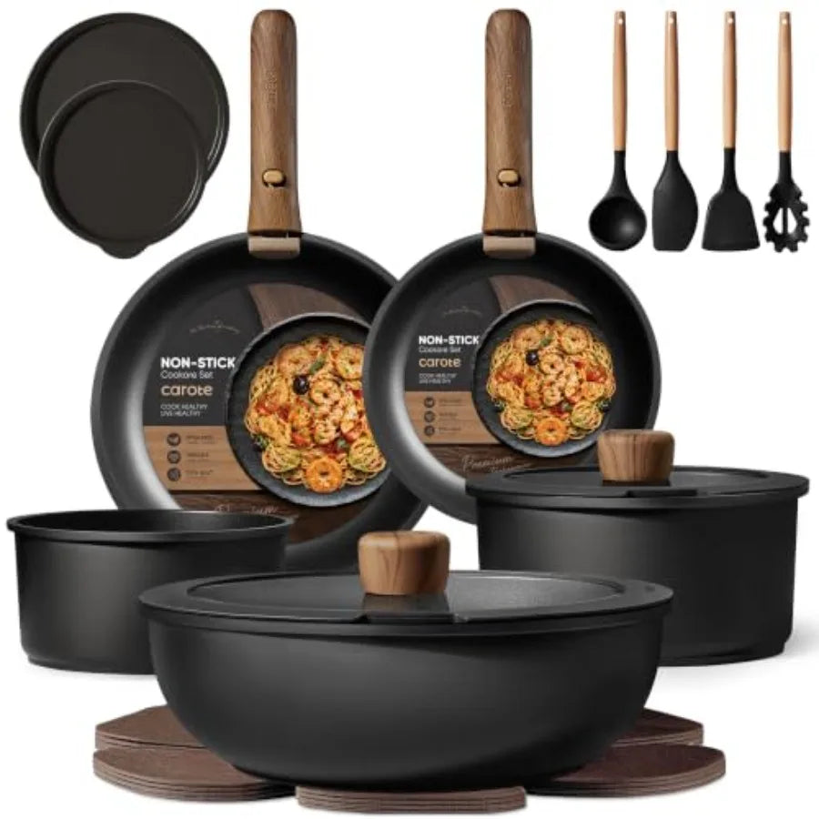 Nonstick Cookware Set with detachable handles for easy storage and versatile cooking. Compatible with induction, oven-safe, and dishwasher-safe for everyday convenience.