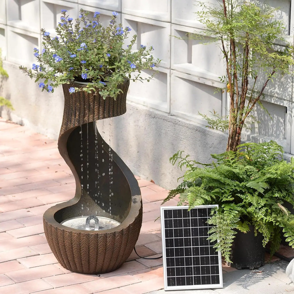 26.77" Solar Outdoor Water Fountain – Modern Waterfall with LED Lights & Planter Bowl