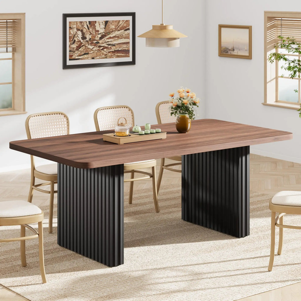 71" Modern Wooden Dining Table with Fluted Metal Legs
A stunning blend of rustic and industrial design. This spacious farmhouse table comfortably seats up to 8 people, making it the perfect centerpiece for your dining room or workspace.