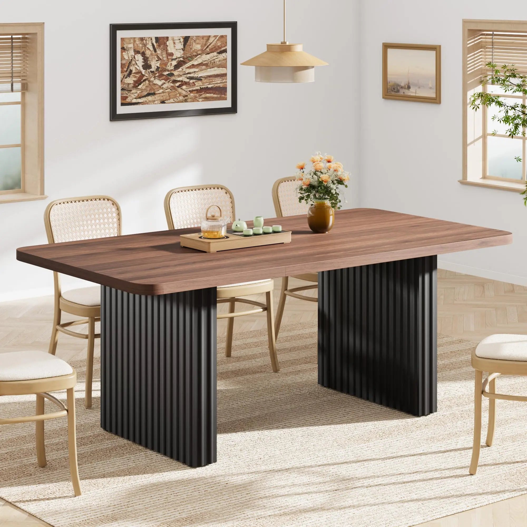 71" Modern Wooden Dining Table with Fluted Metal Legs
A stunning blend of rustic and industrial design. This spacious farmhouse table comfortably seats up to 8 people, making it the perfect centerpiece for your dining room or workspace.