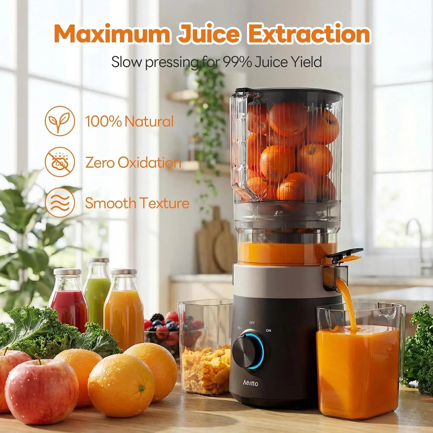 3-in-1 Cold Press Juicer for fresh juice, nut milk, and sorbet. Features a 6-inch extra-large feed chute, filter-free design, high juice yield, and easy cleaning.