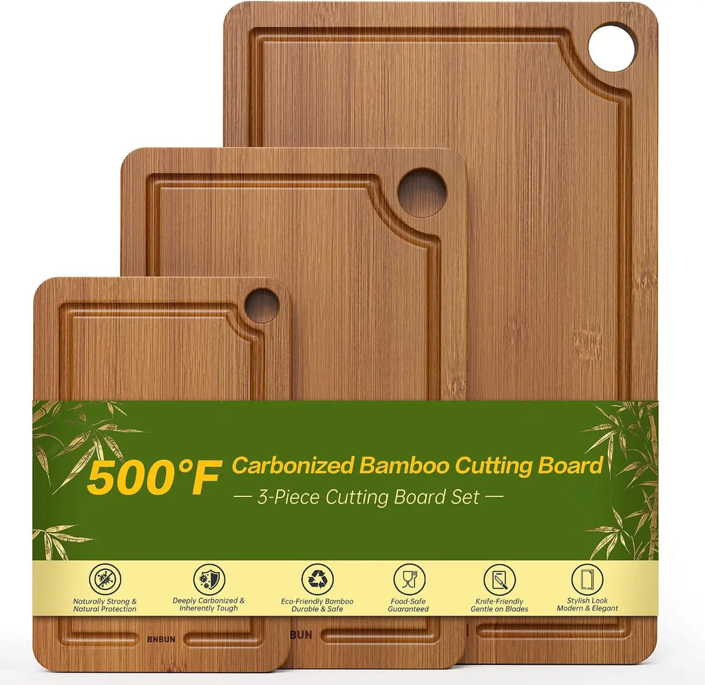 3-piece bamboo cutting board set with juice grooves and non-slip mats, ideal for meat, vegetables, and fruits.