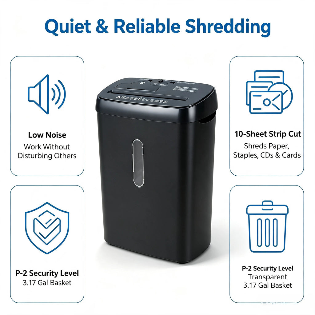 10-Sheet Home Office Paper Shredder – P-2 Security, CD & Credit Card Shredding, Jam-Proof Design