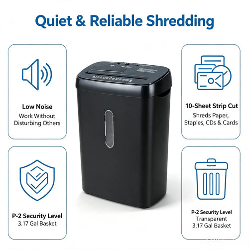 10-Sheet Home Office Paper Shredder – P-2 Security, CD & Credit Card Shredding, Jam-Proof Design