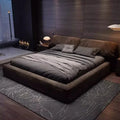 Modern Upholstered Queen Bed Frame – Cream & Black Coffee Soft Fabric Platform Bed