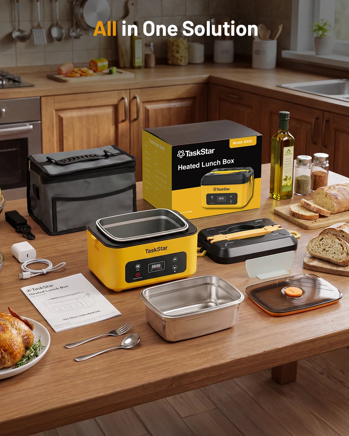 Portable heated lunch box with a 40oz stainless steel container, leakproof design, and built-in power bank for work, school, or travel.