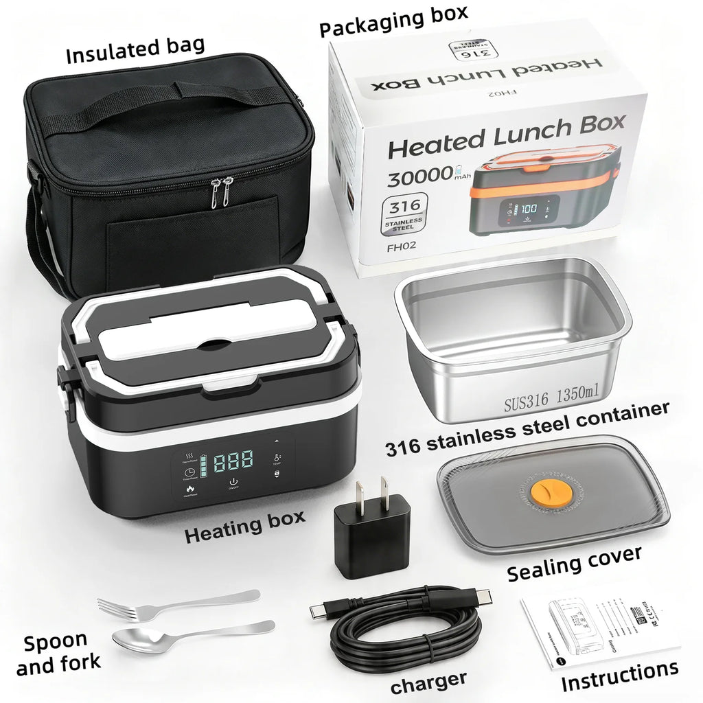 Cordless Heated Lunch Box Pro with a 30,000mAh rechargeable battery, 100W fast heating, and smart temperature control up to 221°F. Includes an insulated bag, perfect for work, travel, and camping.