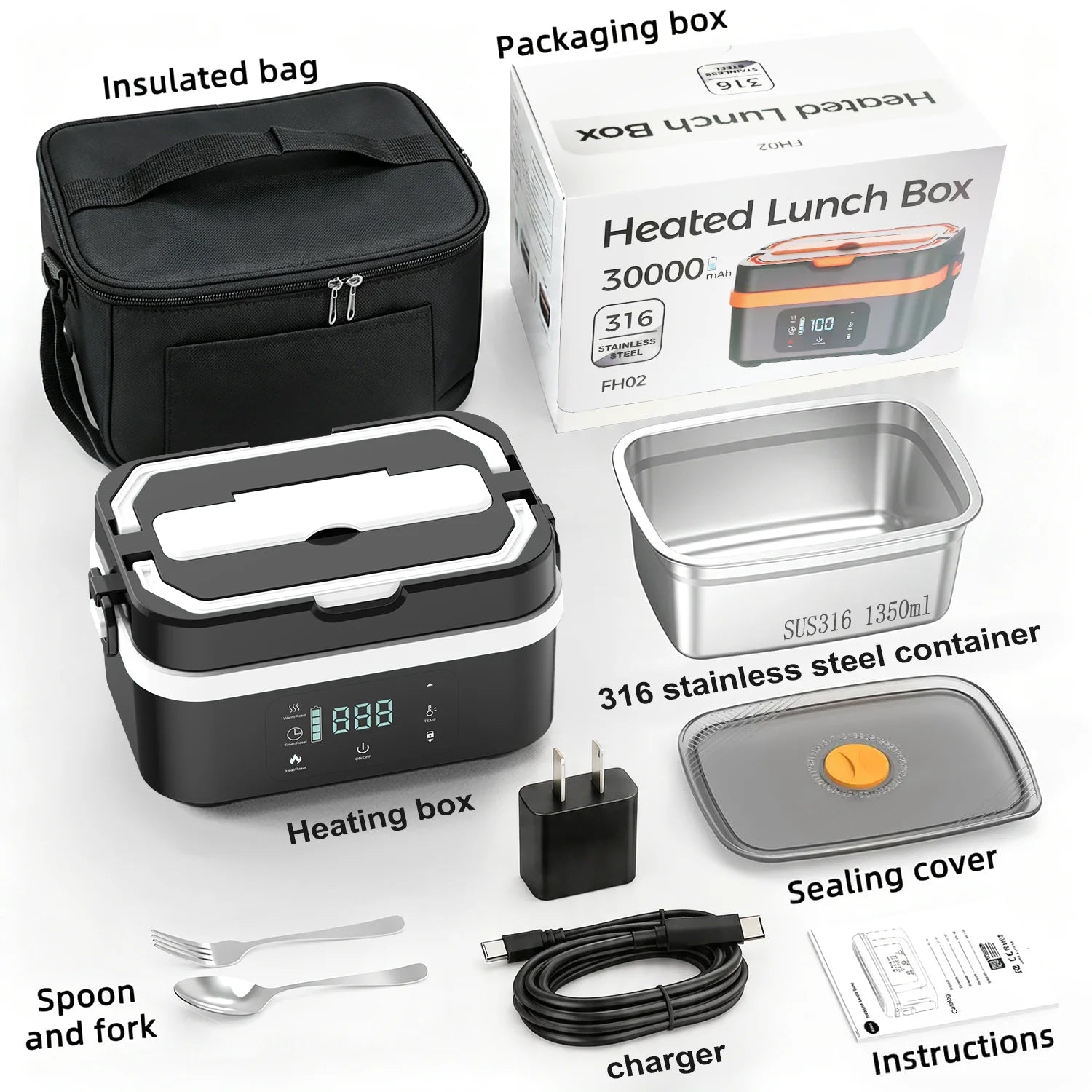 Cordless Heated Lunch Box Pro with a 30,000mAh rechargeable battery, 100W fast heating, and smart temperature control up to 221°F. Includes an insulated bag, perfect for work, travel, and camping.