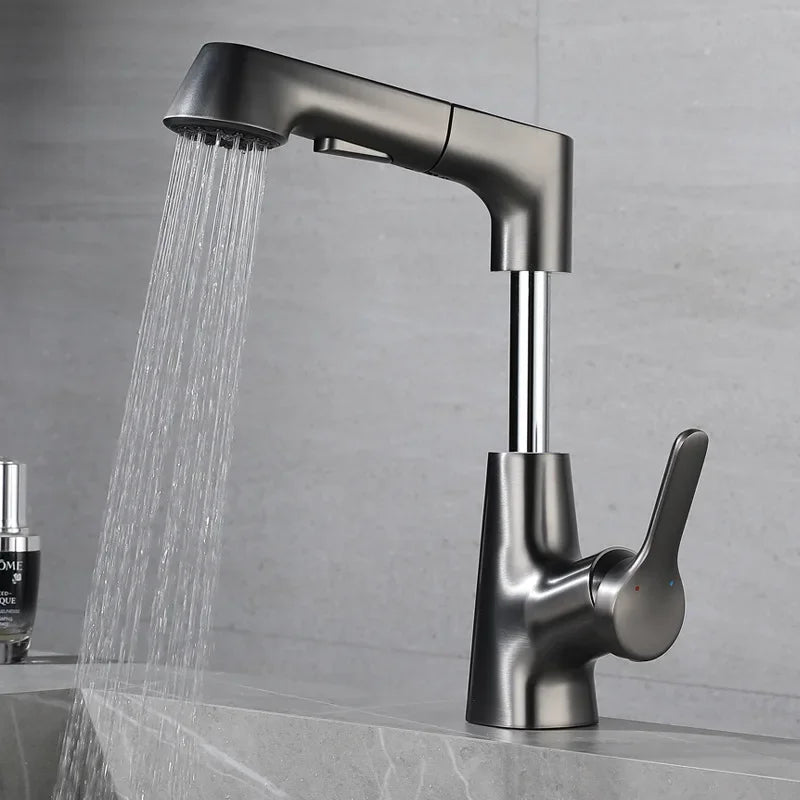 Modern bathroom faucet with hot water functionality, ideal for sinks and everyday bathroom use.