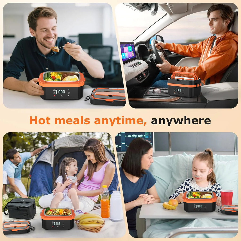 Cordless Heated Lunch Box Pro with a 30,000mAh rechargeable battery, 100W fast heating, and smart temperature control up to 221°F. Includes an insulated bag, perfect for work, travel, and camping.