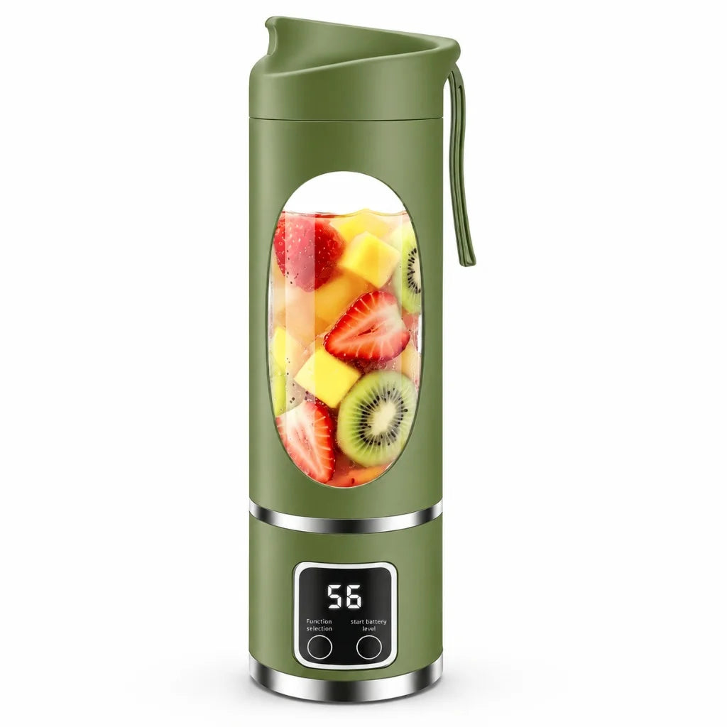 Portable 450ml Juicer Blender with 12 stainless steel blades, 3 blending speeds, USB rechargeable battery, and digital display. Perfect for smoothies, shakes, and fresh juice at home, work, travel, or the gym.