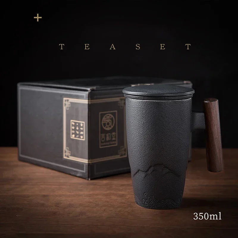 Luxury Retro Ceramic Tea Mug – Large Capacity Cup with Filter, Lid & Wooden Handle, Gift Box