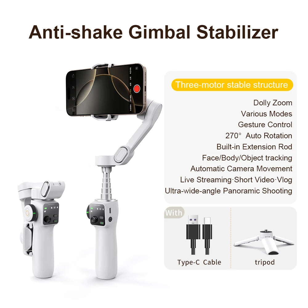 AOCHUAN 3-Axis Phone Gimbal Stabilizer with Extension Rod & Face Tracking