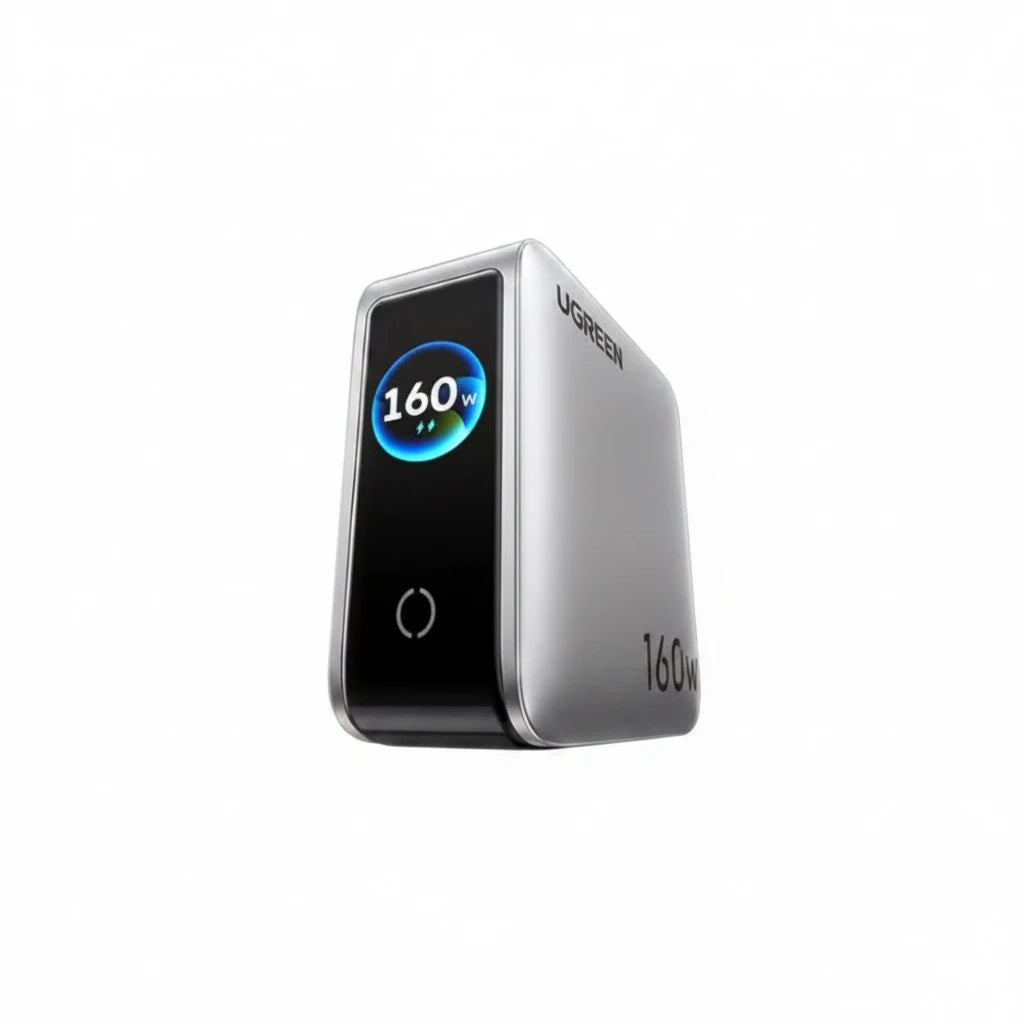 Powerful UGREEN 160W GaN fast charger with PD3.1 and smart display, ideal for phones, tablets, and laptops.
