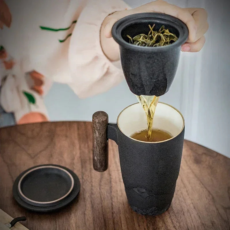 Luxury Retro Ceramic Tea Mug – Large Capacity Cup with Filter, Lid & Wooden Handle, Gift Box