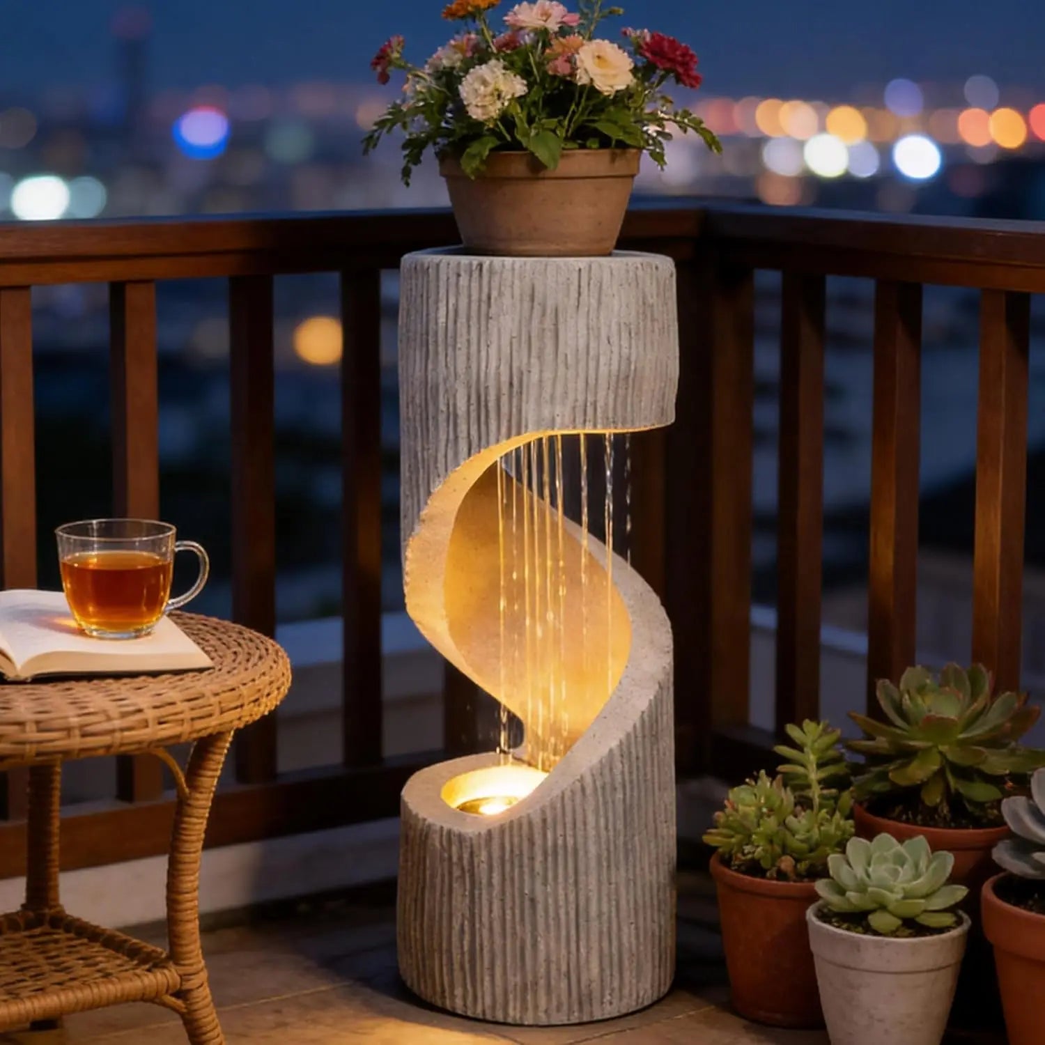 40" Modern S-Shaped Outdoor Fountain – Spiral Waterfall with LED Light & Plant Display Top