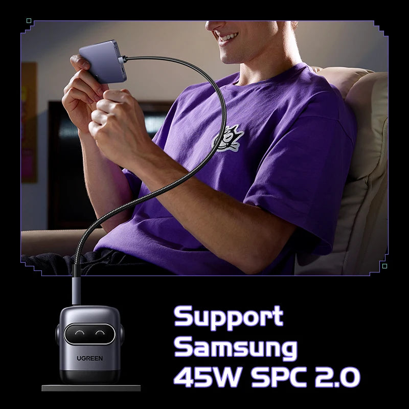Compact UGREEN GaN fast charger with up to 100W 65W 30W power, designed for phones, tablets, and laptops.
