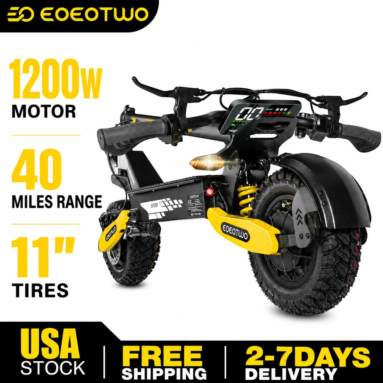 EOEOTWO 1200W Foldable Off-Road E-Scooter
Hit the trails at 30 MPH. This high-speed adult scooter packs a 48V long-range battery and rugged 11-inch tubeless tires into a durable, folding frame.