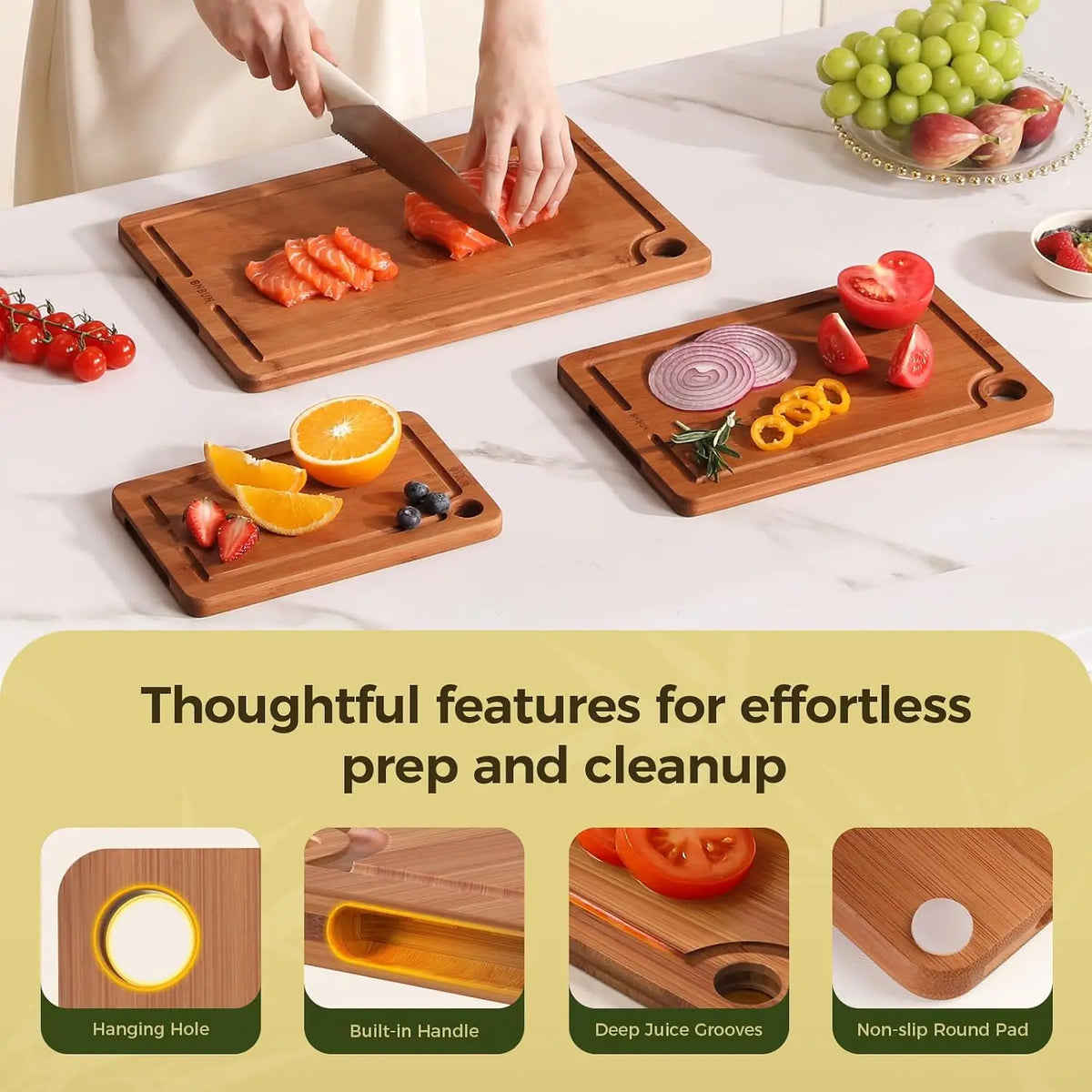 3-piece bamboo cutting board set with juice grooves and non-slip mats, ideal for meat, vegetables, and fruits.