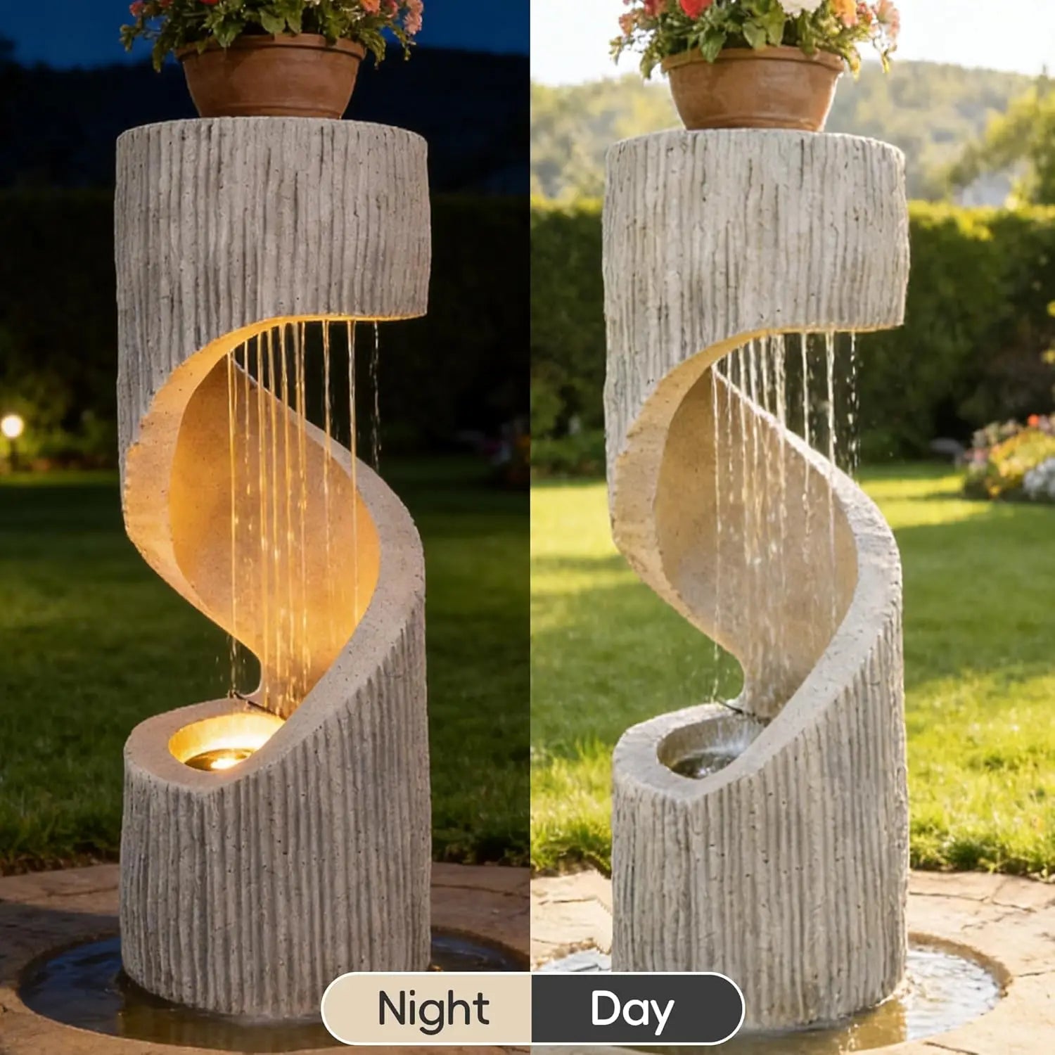 40" Modern S-Shaped Outdoor Fountain – Spiral Waterfall with LED Light & Plant Display Top