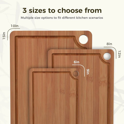 3-piece bamboo cutting board set with juice grooves and non-slip mats, ideal for meat, vegetables, and fruits.
