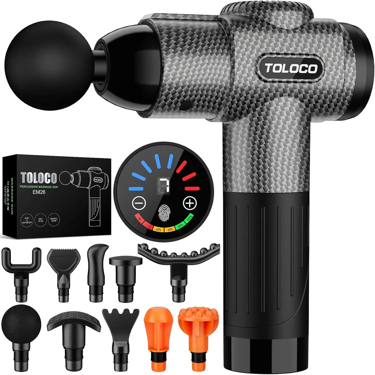 Deep tissue massage gun with 10 massage heads and a quiet motor, ideal for muscle relaxation and recovery.