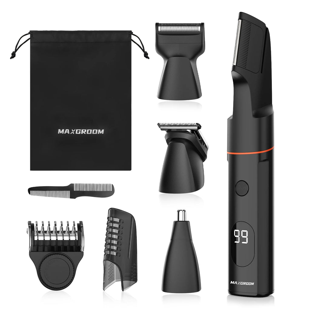 4-in-1 electric grooming kit with beard, nose, and body trimmers, featuring an IPX6 waterproof design.