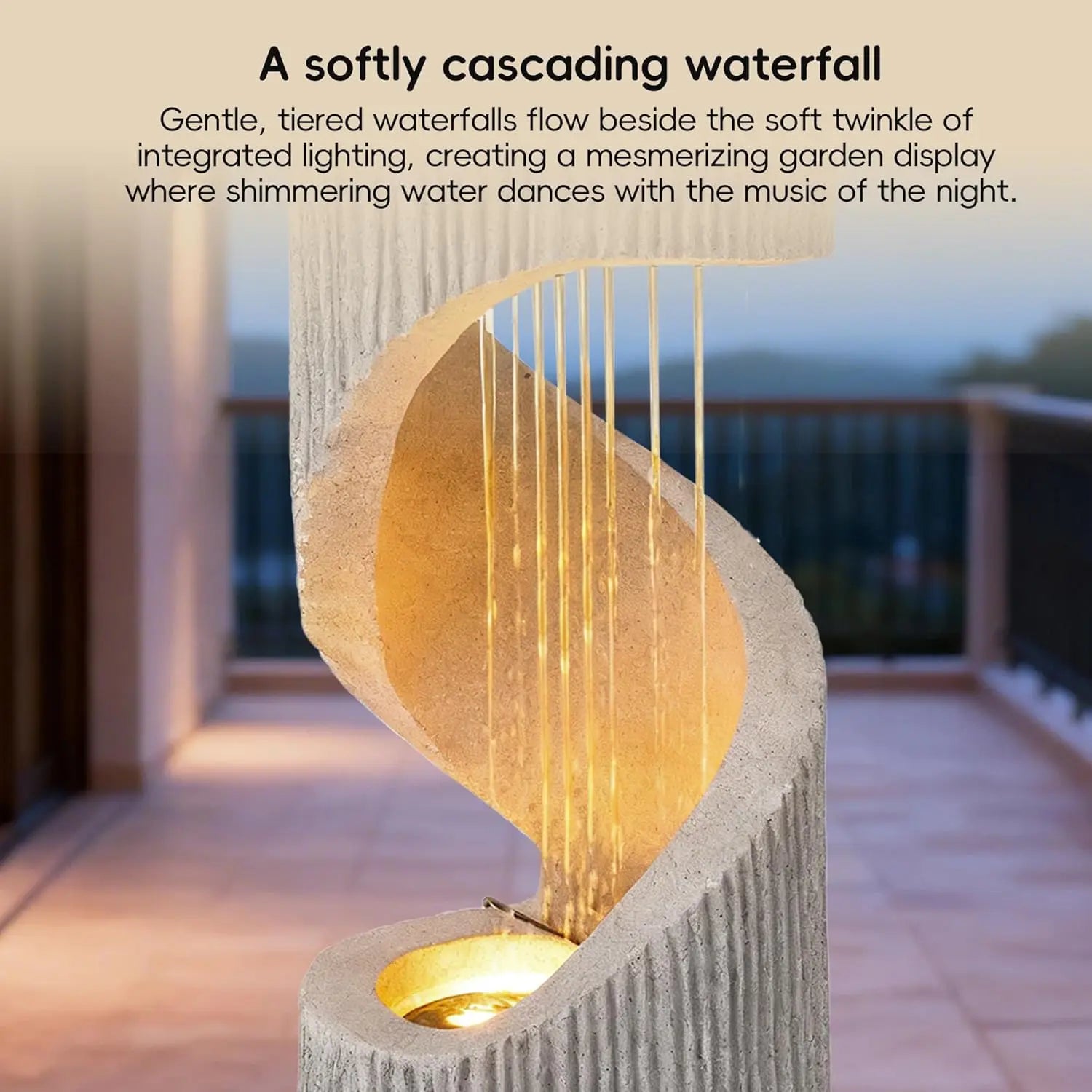 40" Modern S-Shaped Outdoor Fountain – Spiral Waterfall with LED Light & Plant Display Top