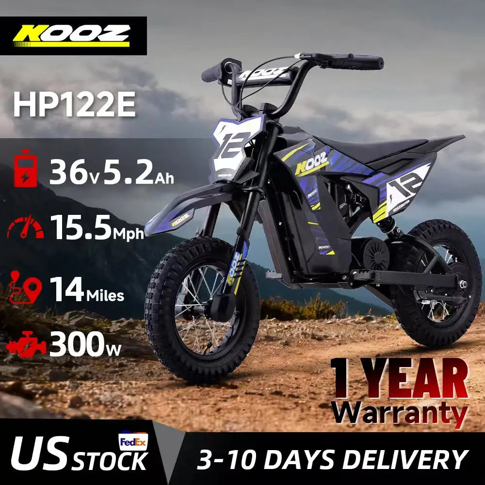KOOZ 300W Kids Electric Dirt Bike (15.5 MPH)
The ultimate off-road experience for young riders. This 36V electric motorcycle features 3 safe speed modes, a 15.5 MPH top speed, and a long-lasting 14-mile range on a single charge.