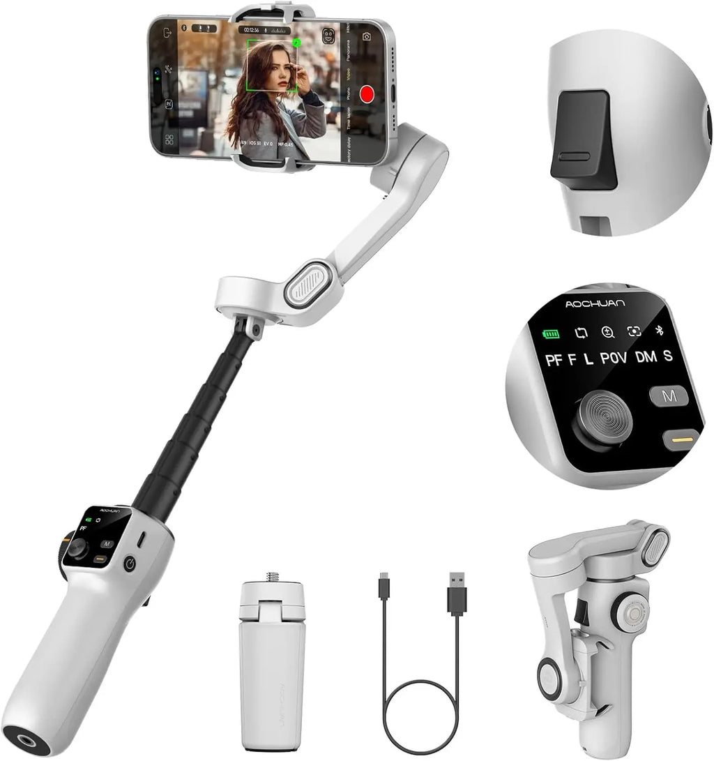 AOCHUAN 3-Axis Phone Gimbal Stabilizer with Extension Rod & Face Tracking