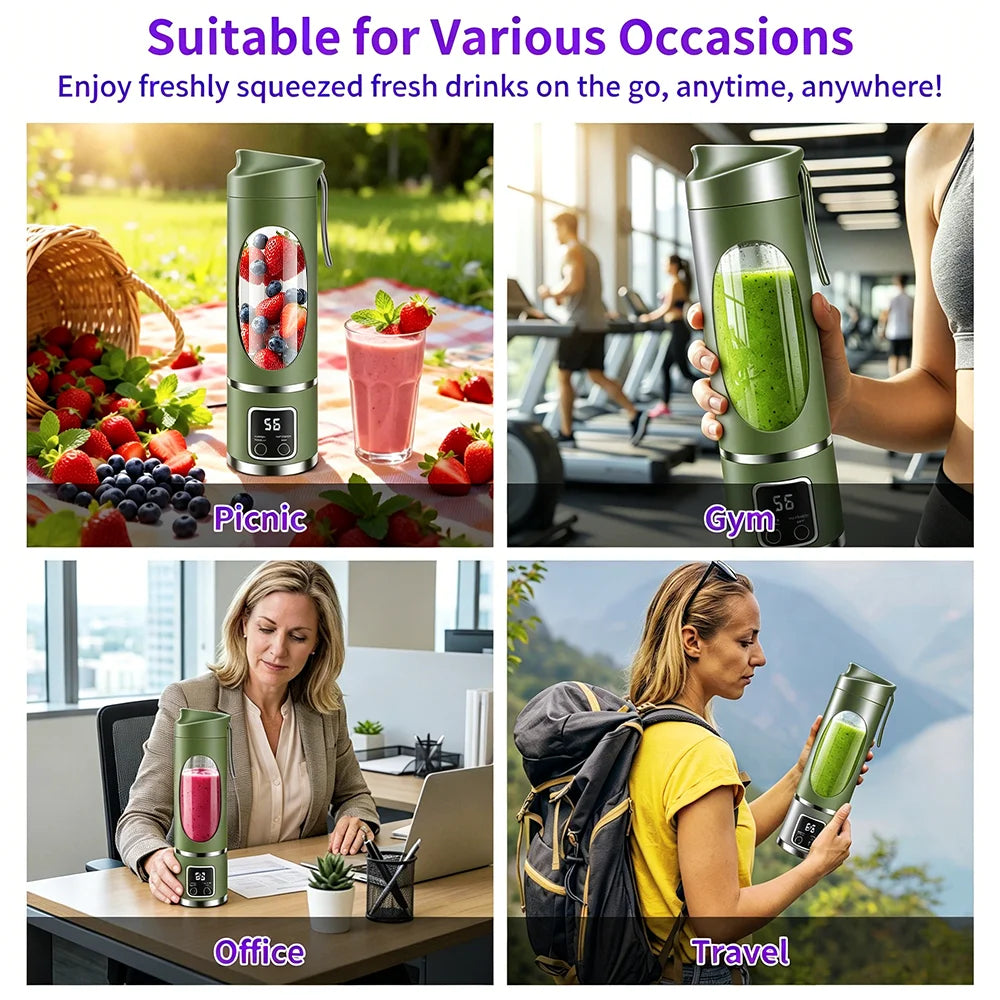 Portable 450ml Juicer Blender with 12 stainless steel blades, 3 blending speeds, USB rechargeable battery, and digital display. Perfect for smoothies, shakes, and fresh juice at home, work, travel, or the gym.