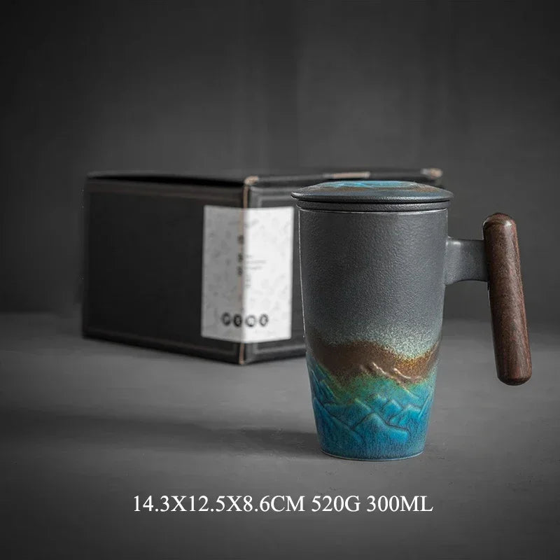 Luxury Retro Ceramic Tea Mug – Large Capacity Cup with Filter, Lid & Wooden Handle, Gift Box
