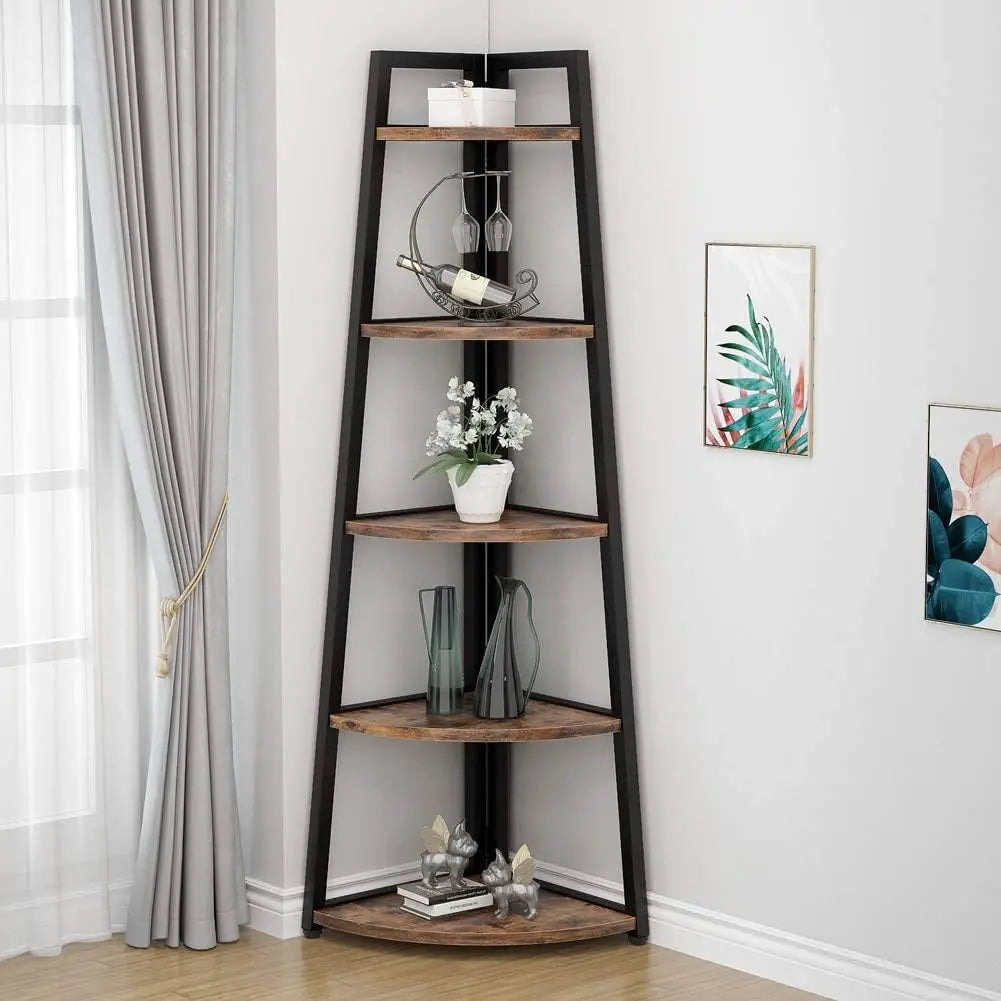 5-Tier Rustic Corner Ladder Bookshelf – 70” Industrial Storage Shelf