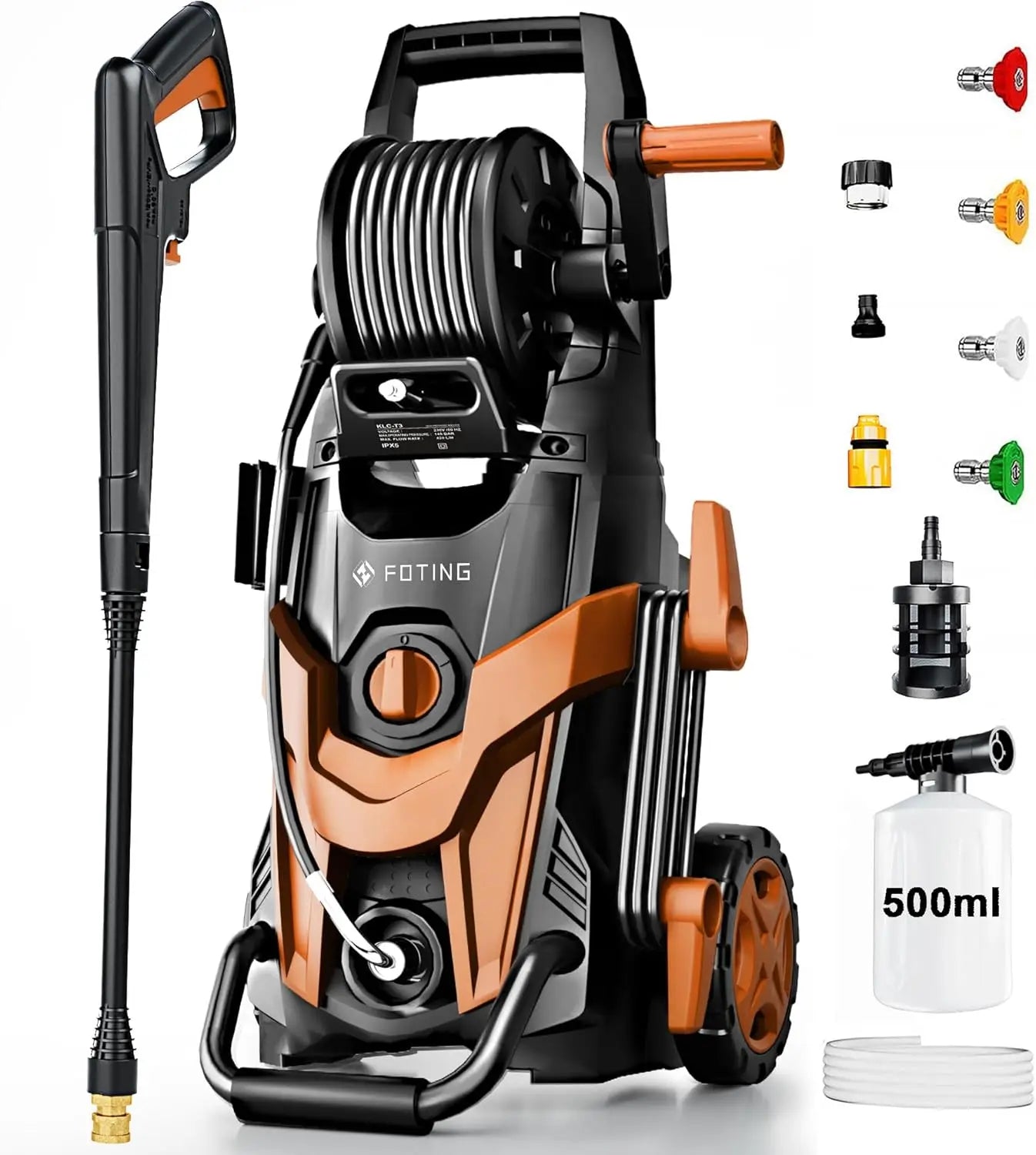 Pressure Power Washer 4800 PSI de alta potencia con 4 boquillas de conexión rápida, manguera de entrada con filtro y cañón de espuma. Ideal para limpiar autos, cercas, entradas, patios y exteriores del hogar con máxima eficiencia.